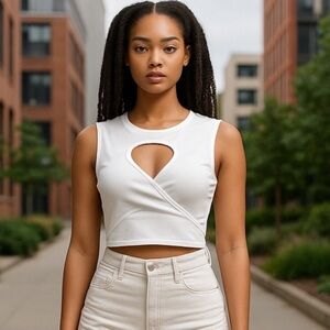 Ribbed  cropped white top with detail on top